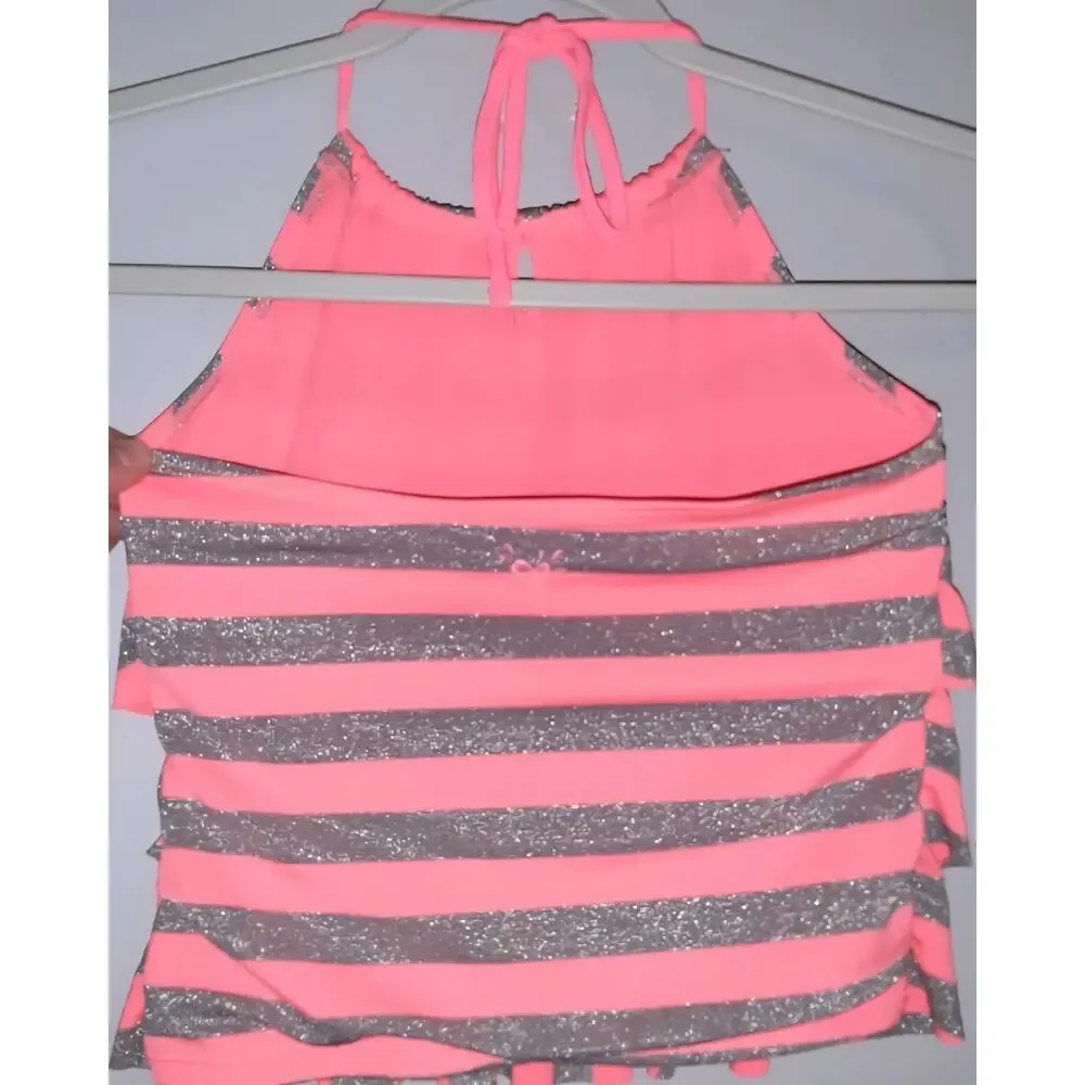 Justice Girls Neon Pink And Silver Ruffle Halter Tankini Top 10